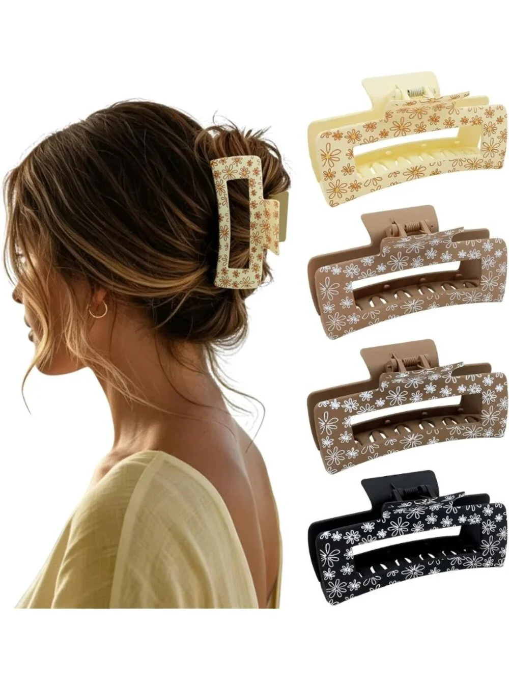 Stylish Large Square Flower Hair Claw Clips for Women - Brown Hair Accessories